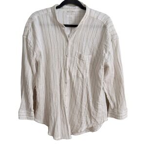 Aerie White Gold Stripe Gauze Cover Up Shirt Medium Beach Coastal Resort Pool